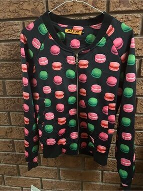 Black Zip-Front Bomber Jacket with Pink & Green Macaron Print